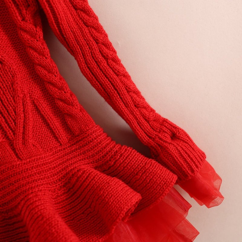 WEONEDREAM Generic Christmas Sweater Dresses for Girls Ruffle Sweater Long Sleeves Tutu Dress Stitching Knitting Pullover Tops for Kids 2 3T(Red, 100) - Image 5
